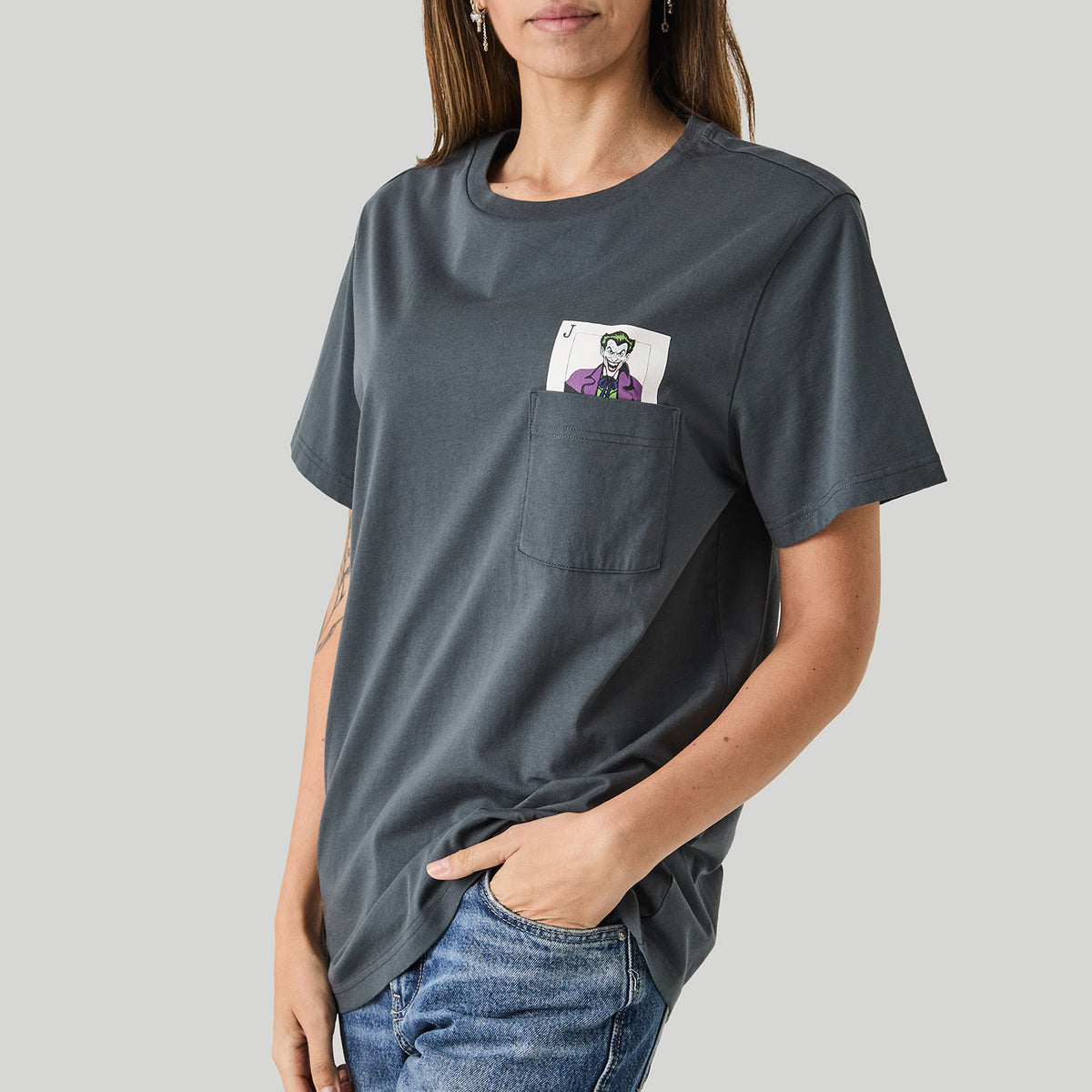 Batman Joker Calling Card Pocket Tee - Charcoal Grey